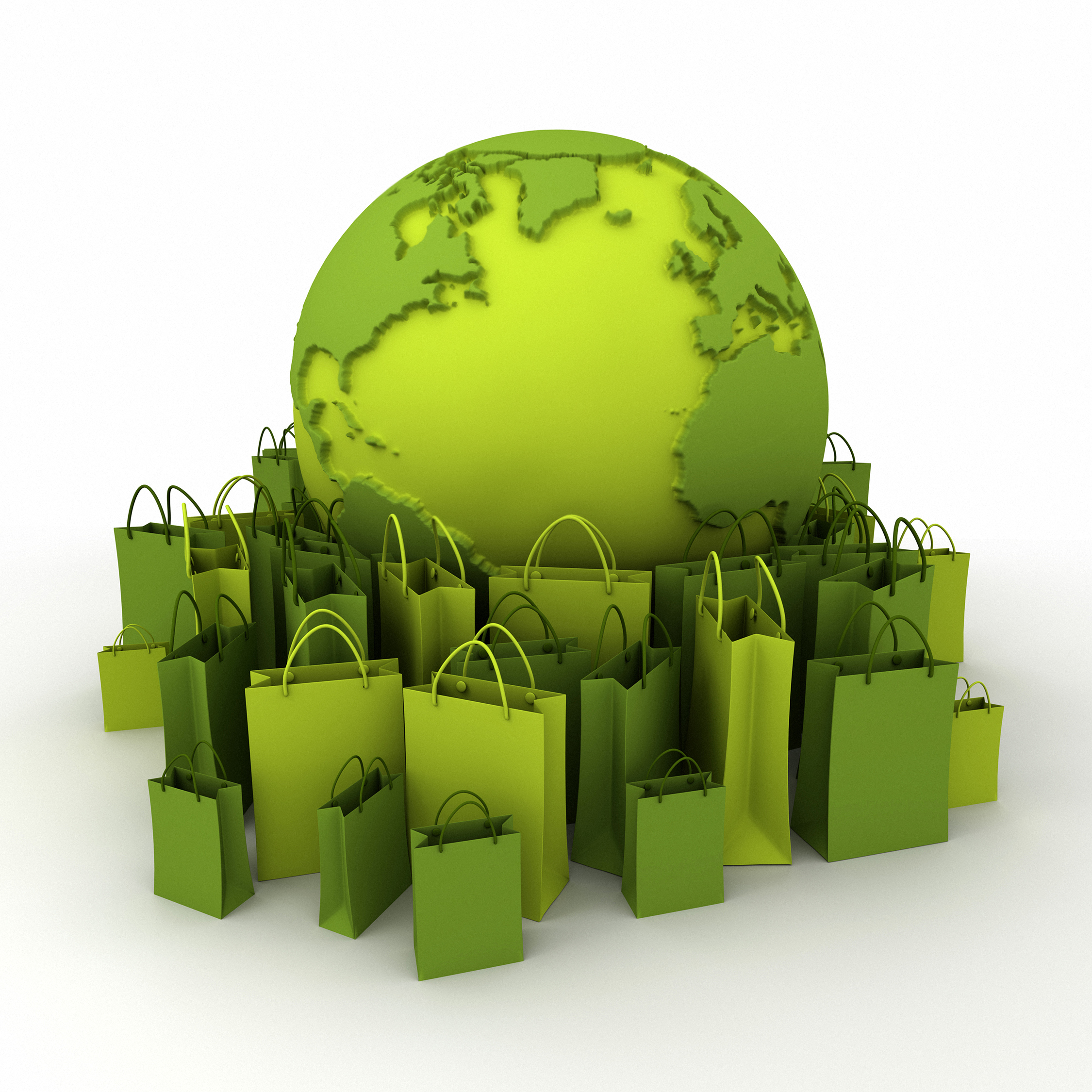 World globe surrounded by shopping bags in green shades.